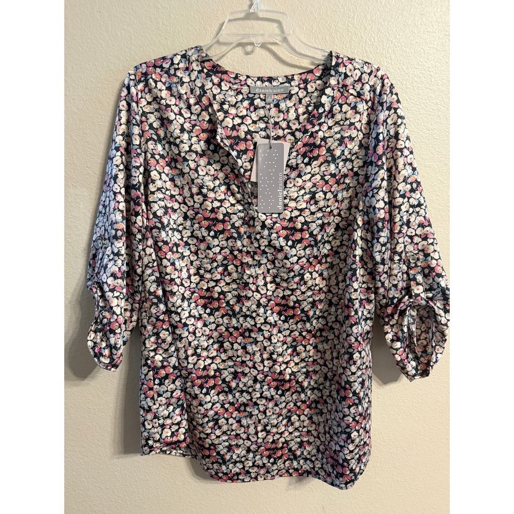 danielrainn floral print tunic blouse 1x navy pink white blue 3/4 sleeve